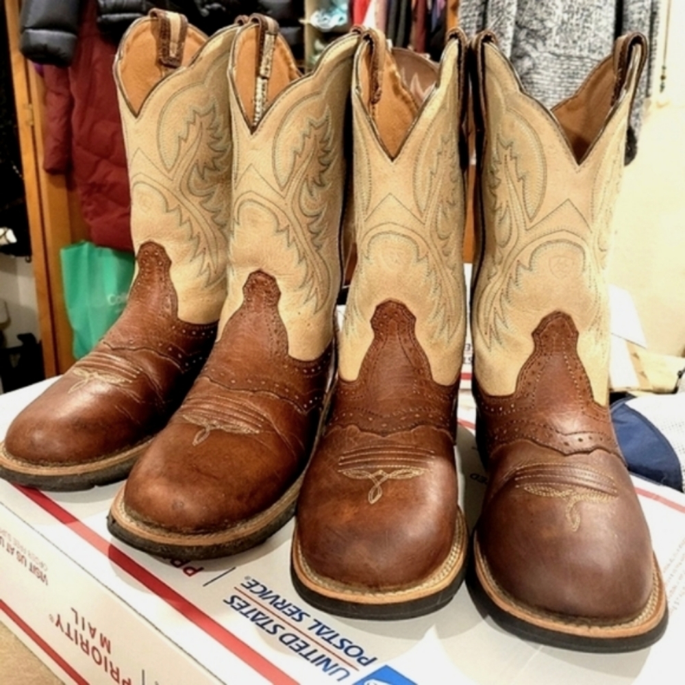 Ariat Fatbaby Boot 7 Cream Teal Stitching Brown Round Toe Heritage Nice Cond - Picture 4 of 8